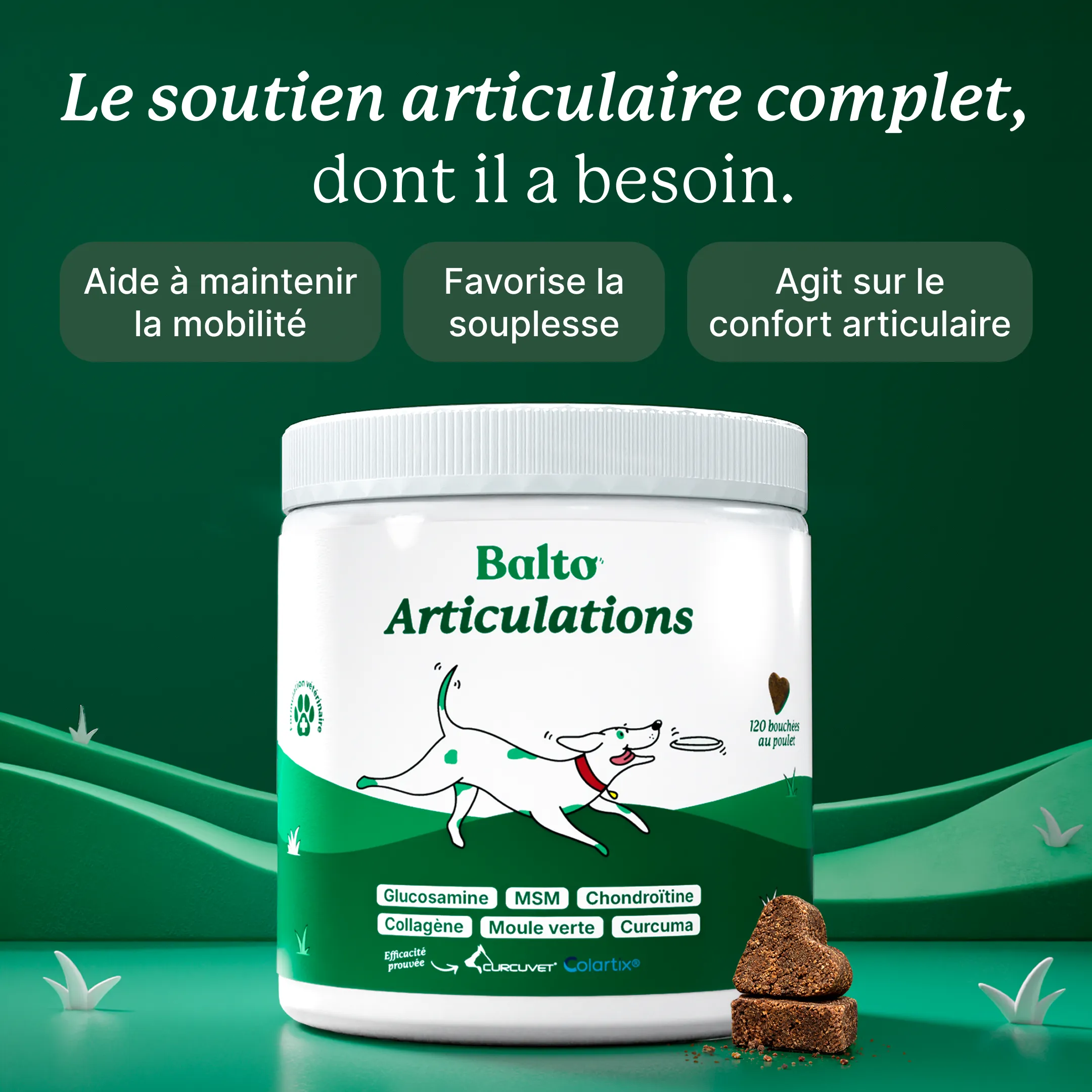 Pot de Balto Articulations, 120 bouchées au poulet, à côté de bouchées en forme de cœur. Le soutien articulaire complet : aide à maintenir la mobilité, favorise la souplesse et agit sur le confort articulaire.