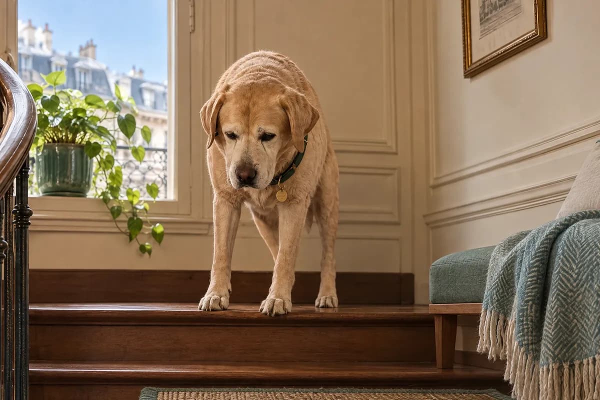 Labrador hésitant en haut d’un escalier