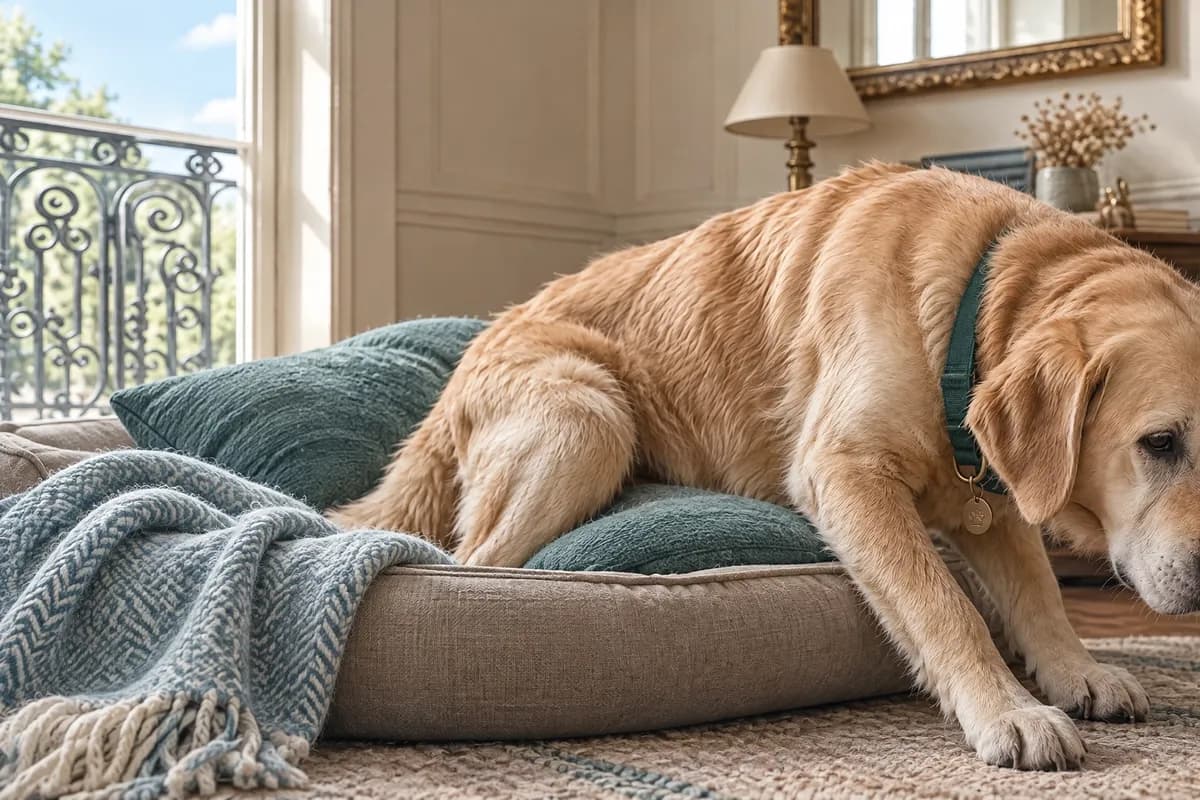 Chien senior se levant difficilement de son panier