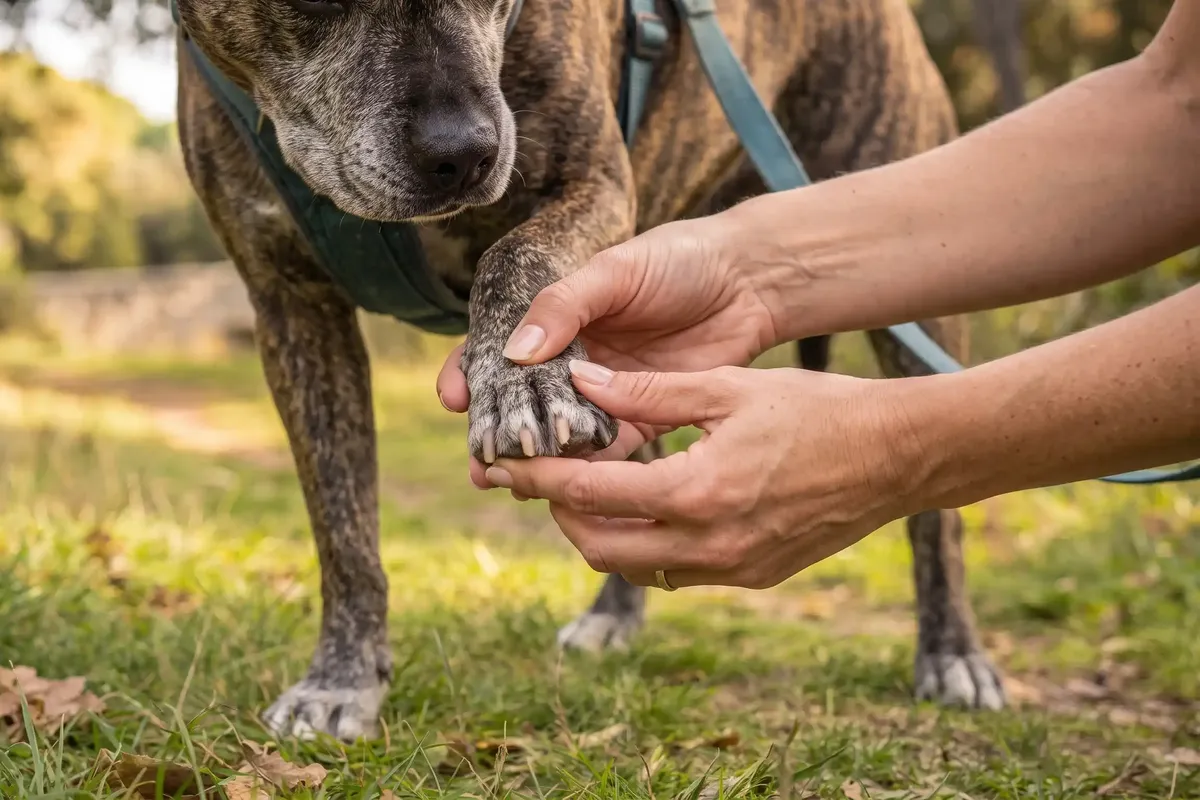 Mains écartant la patte d'un chien pour inspecter ses coussinets