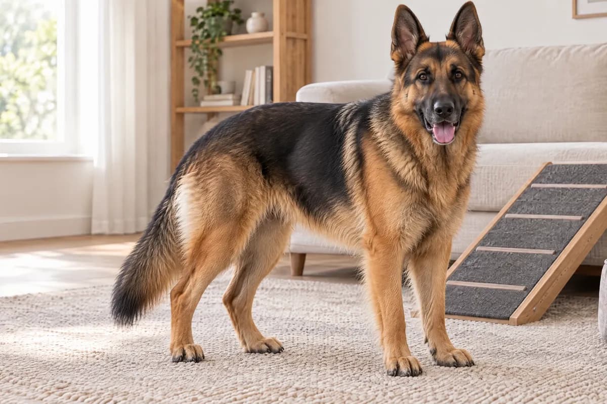 Chien de grande race debout près d’une rampe et d’un couchage orthopédique sur un tapis antidérapant
