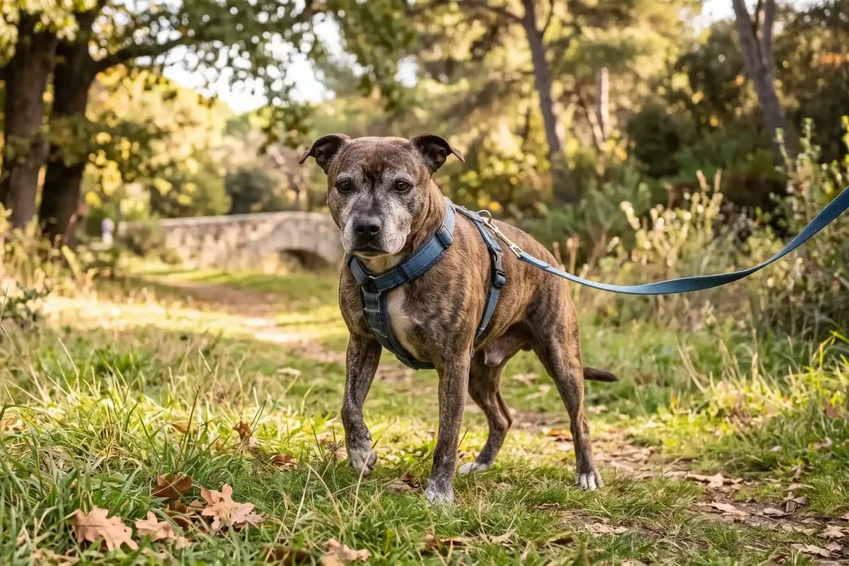 Chien boitant de la patte avant sur un sentier en balade