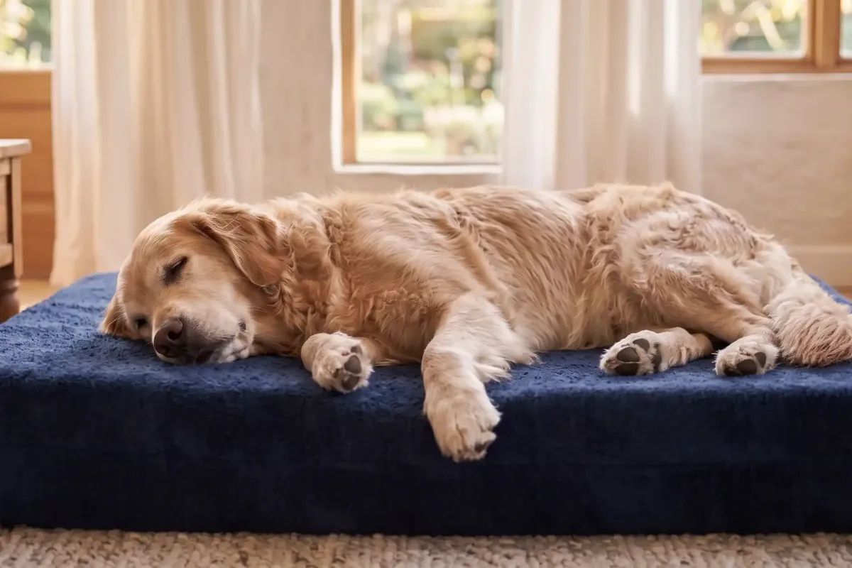 chien senior sur un panier orthopedique