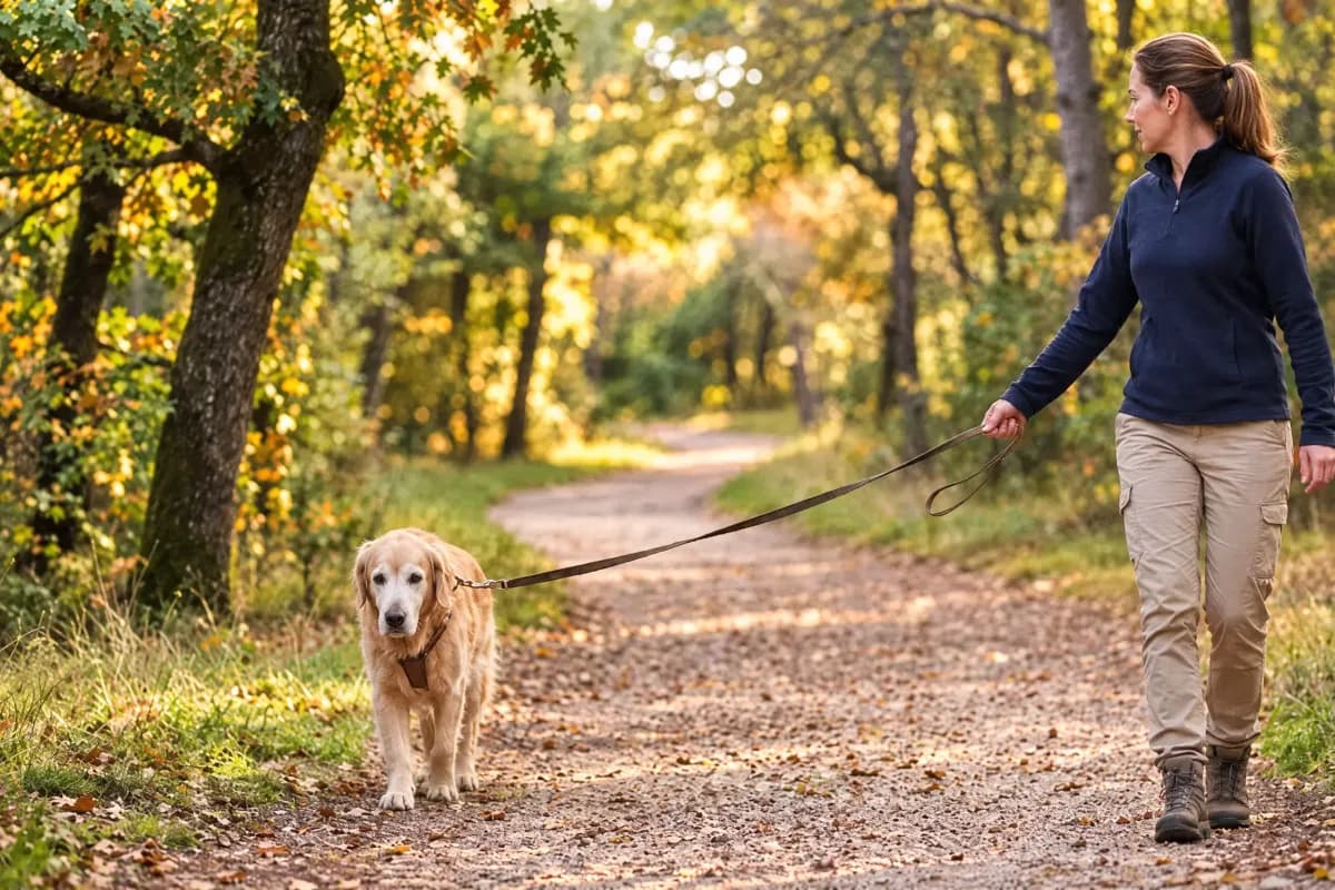 Chien senior marchant en laisse sur un chemin de forêt à côté de sa propriétaire